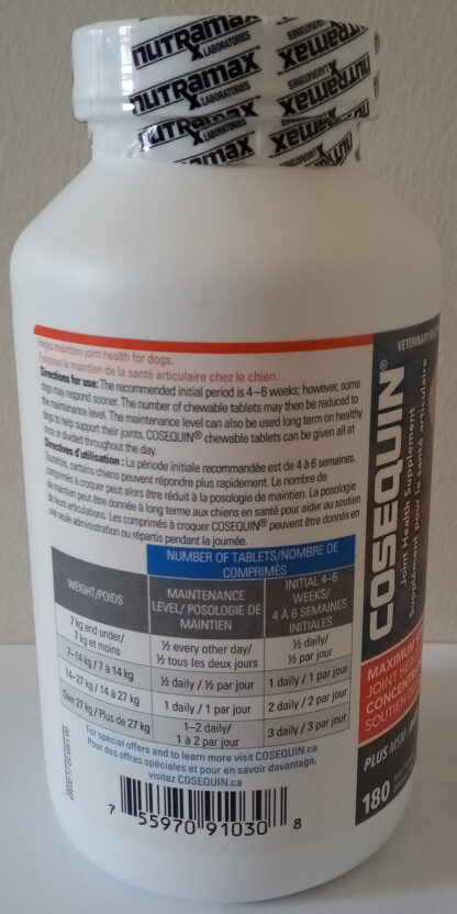 Cosequin plus MSM maximum strength 180 chewable tablets by Nutramax lab picture.